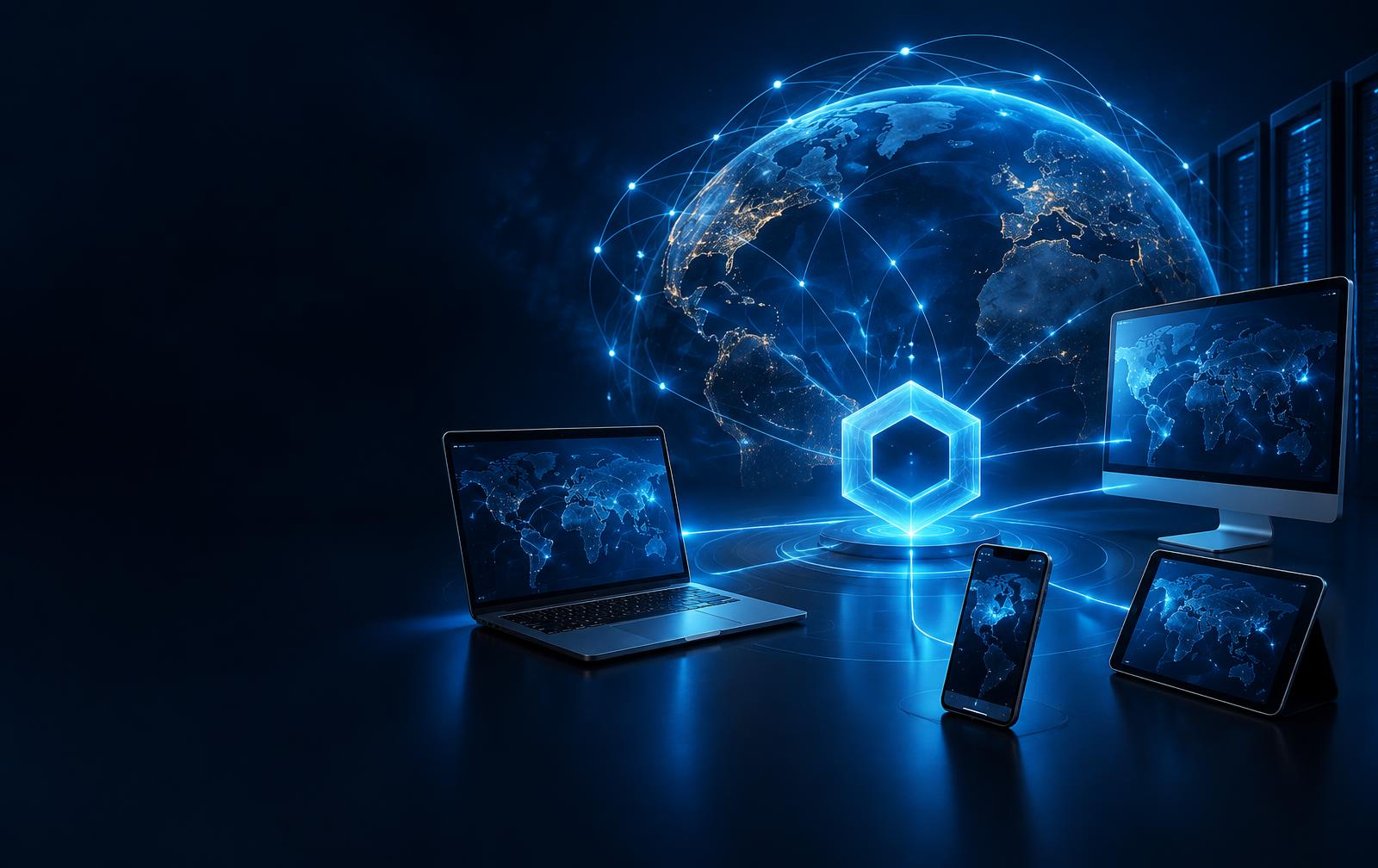 QuickQ 连接全球设备的网络示意图